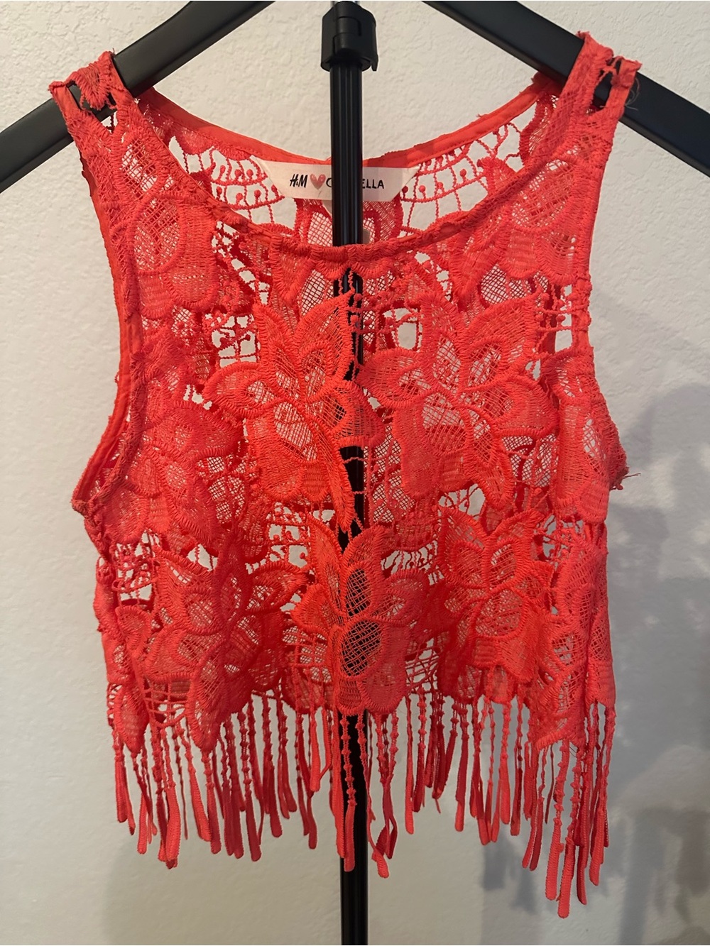 H&M Coral Crochet Fringe Crop Top